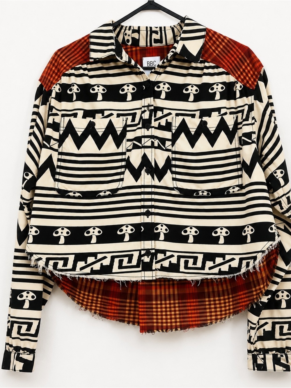BDG mushroom Striped Graphic Button-Up Shirt natural boho prairie boxy geometric